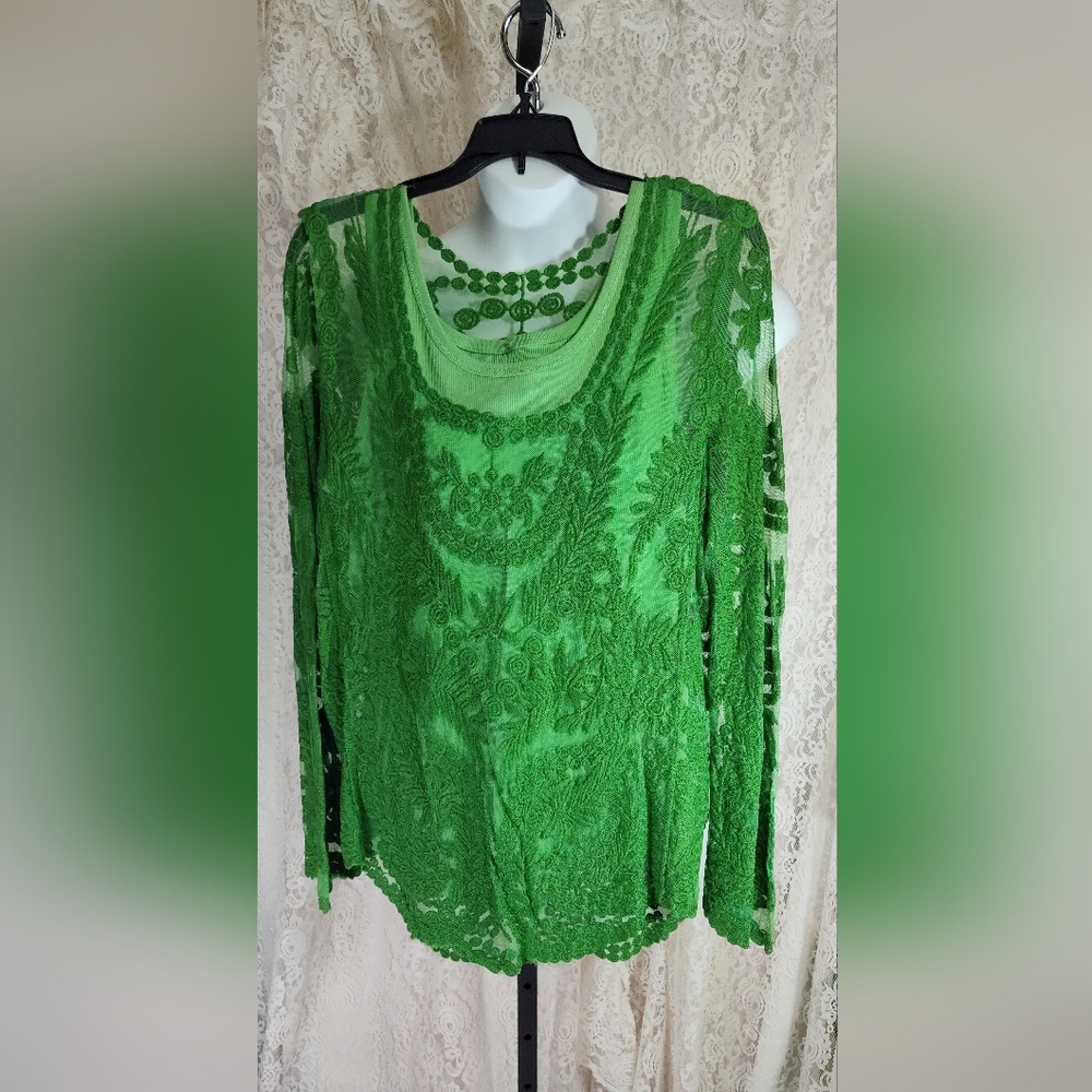 Green embroidered Mesh Top and Knit Tank top NWOT